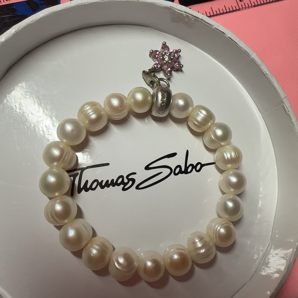 Thomas Sabo White Pearl Bracelet with Pink Flower Charm